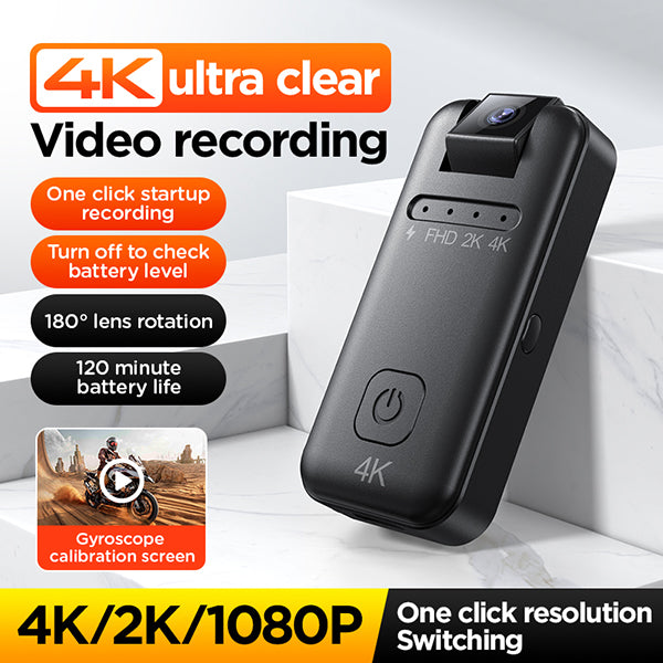 Bodycam 4K Con Stabilizzatore EIS, Touchscreen 1.6", Inclinazione Obiettivo 180°, Scheda 64GB Inclusa, Per Vlog E Sport